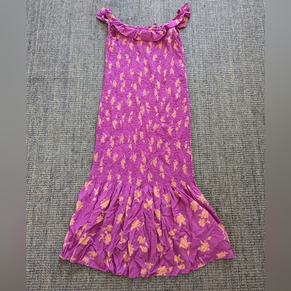 Anthropologie Off The Shoulder Pink Floral Stretch Smocked Midi Dress Medium - Picture 8 of 8